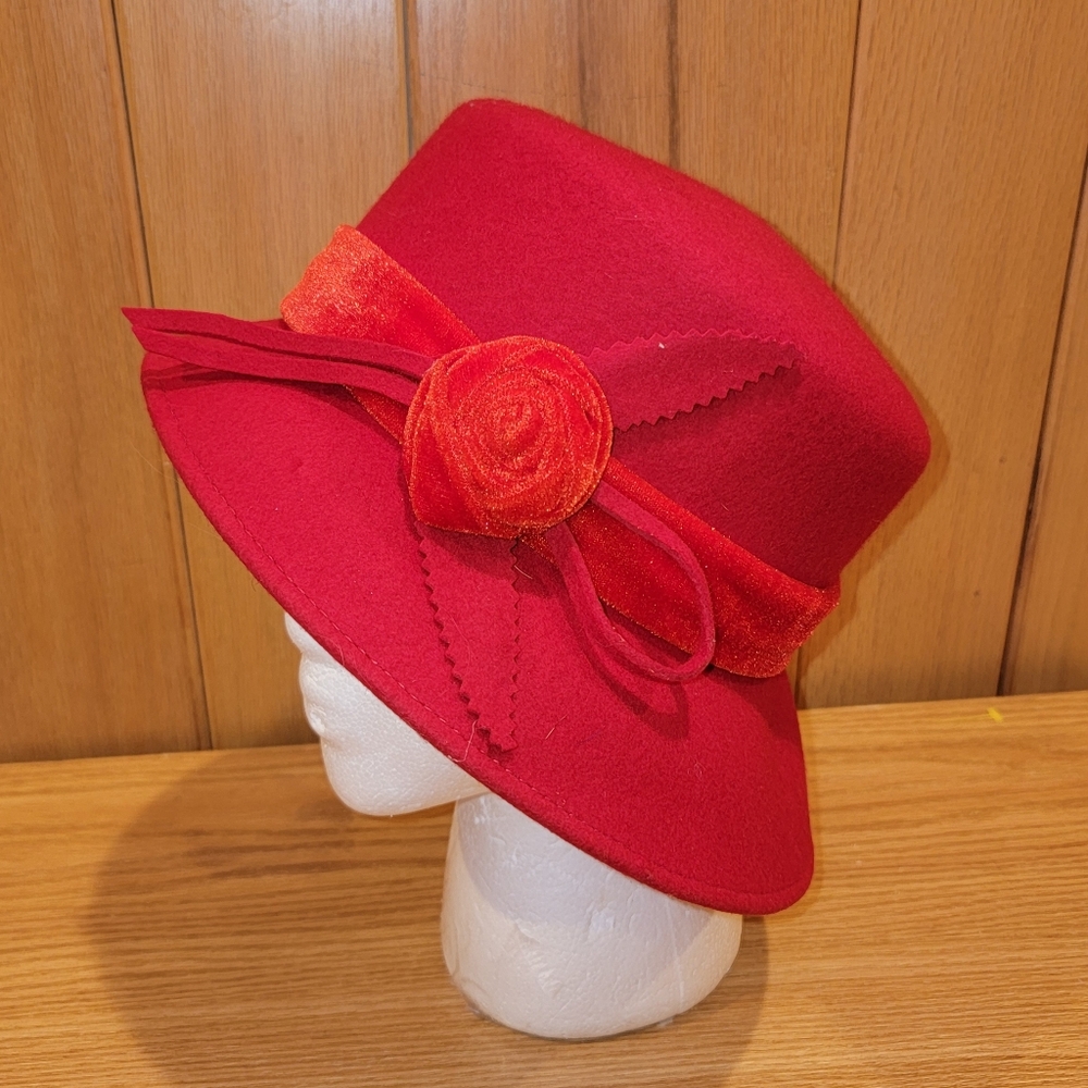 Red Wool Felt Dura Bowler Derby Hat Church Wedding Rose Hat Band